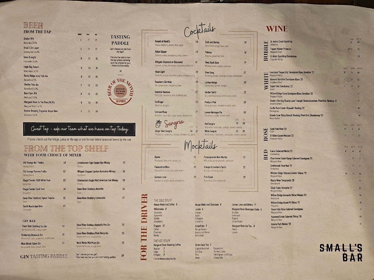 Menu, Small's Bar