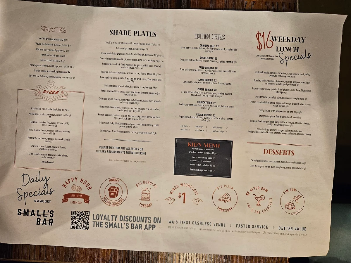 Menu, Small's Bar