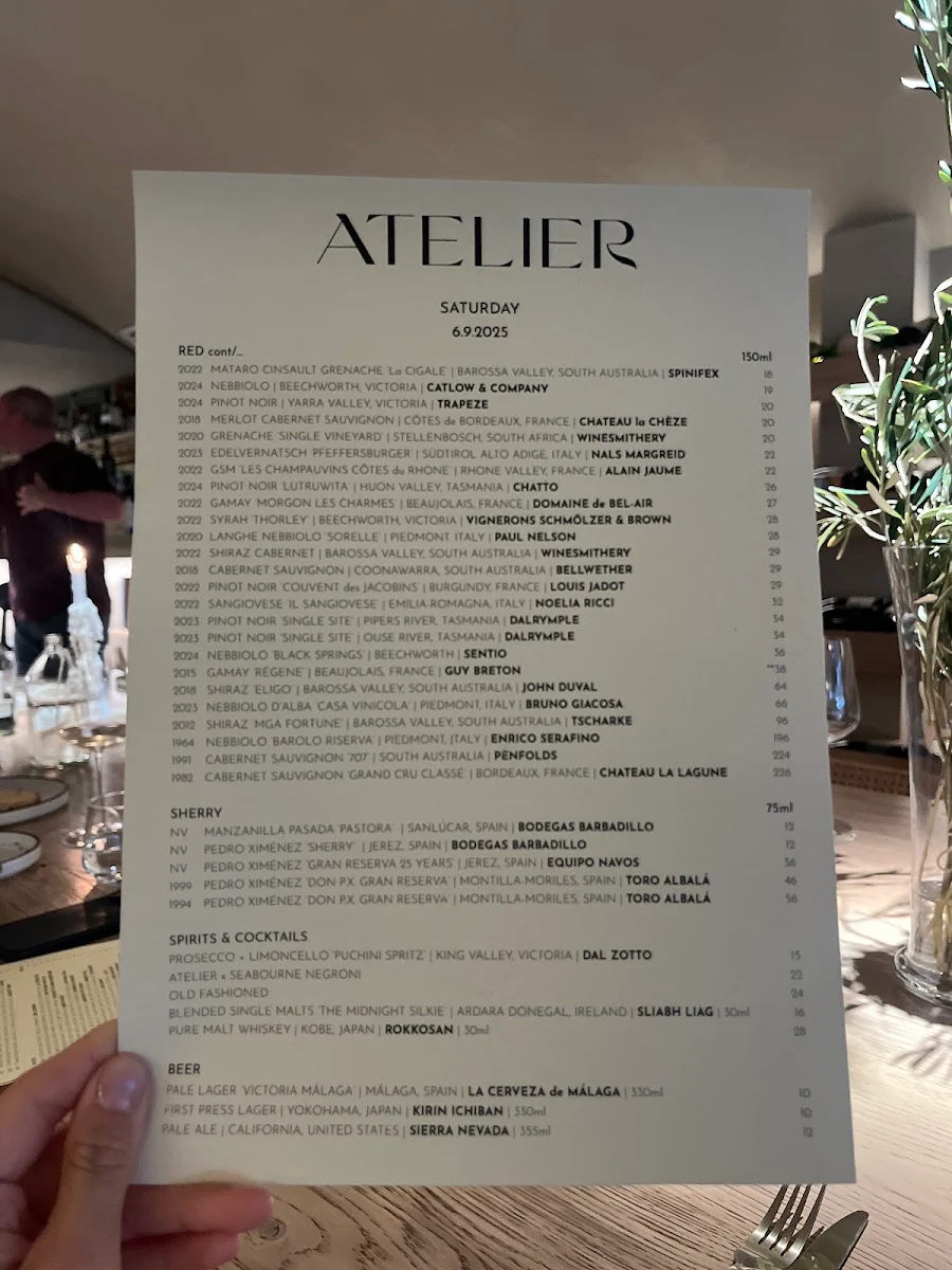 Menu, Atelier Wine Bar