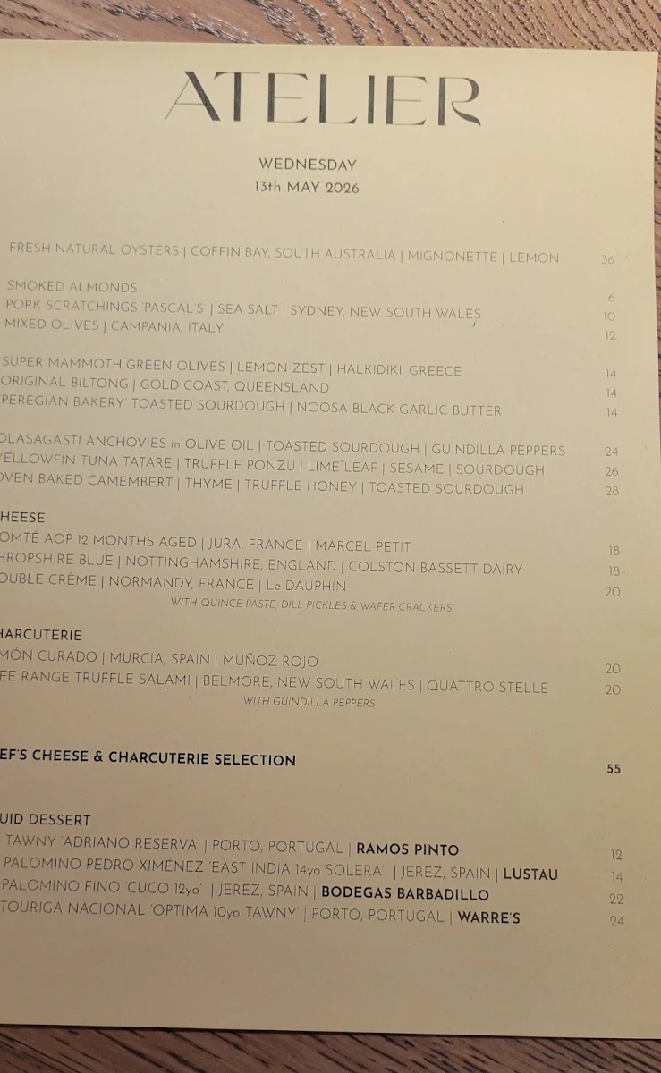 Menu, Atelier Wine Bar