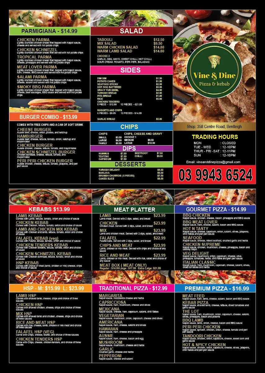 Menu, Vine & Dine Pizza & Kebab