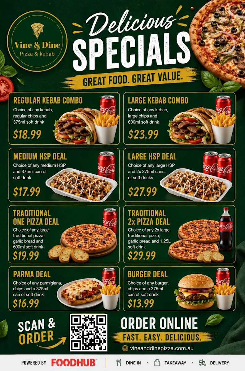 Menu, Vine & Dine Pizza & Kebab