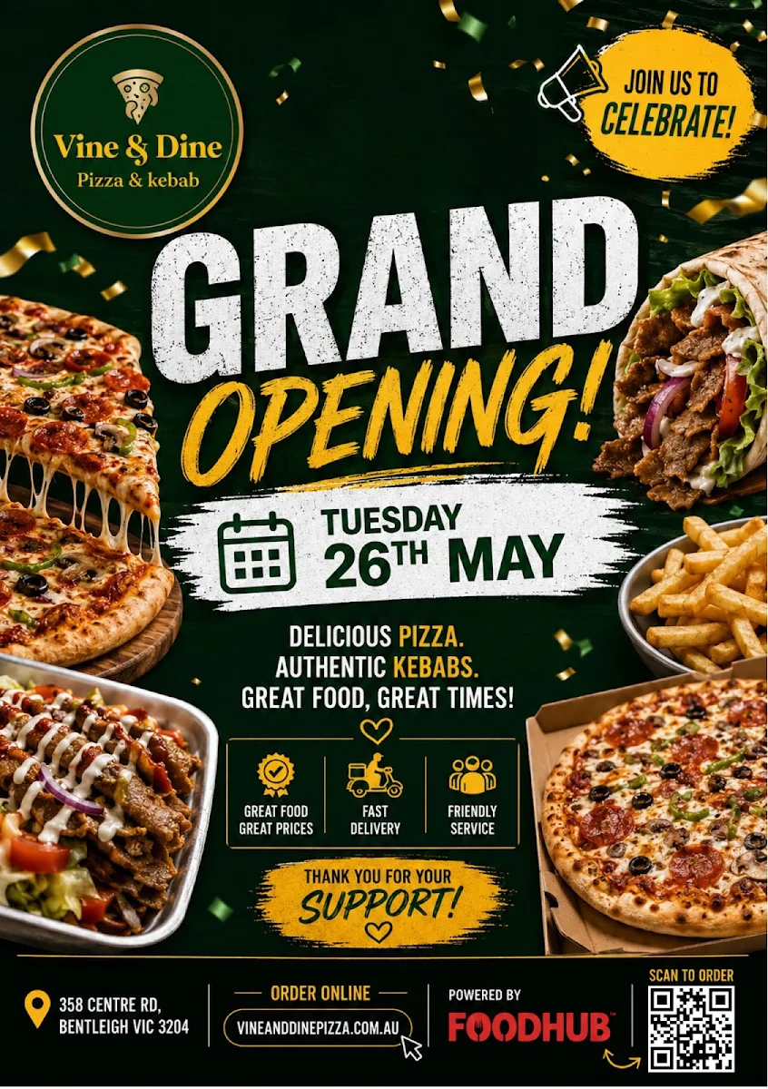 Menu, Vine & Dine Pizza & Kebab