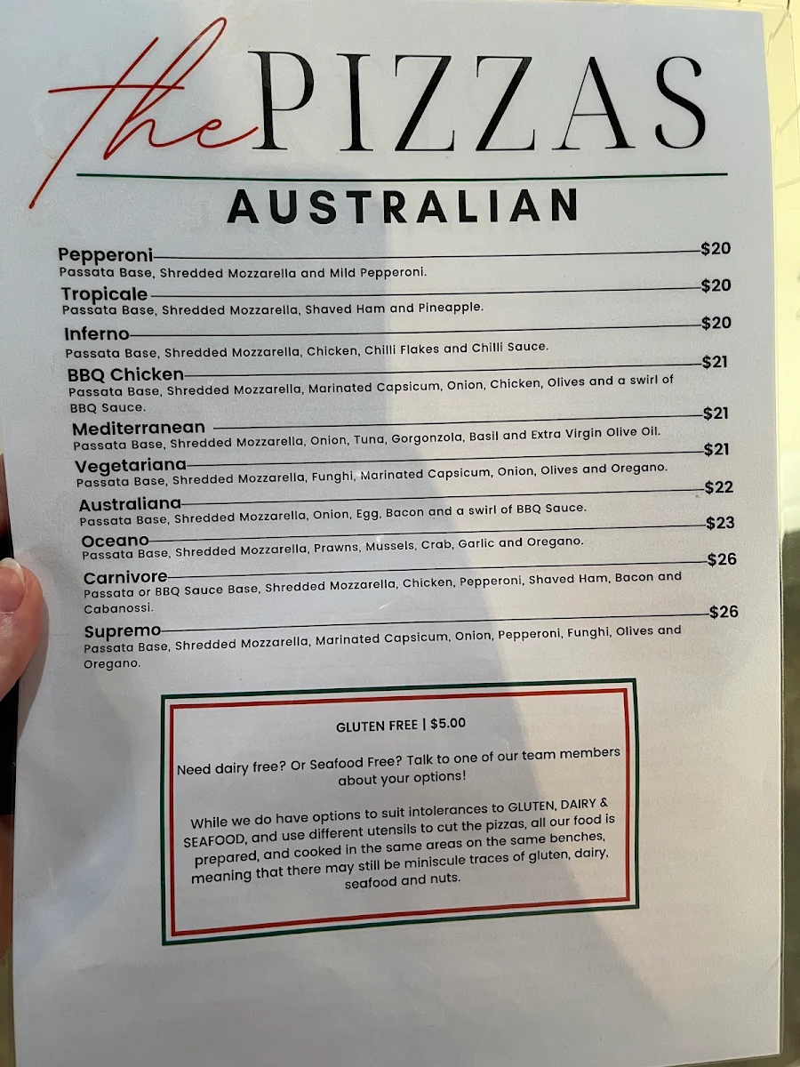 Menu, Pizzeria La Prima