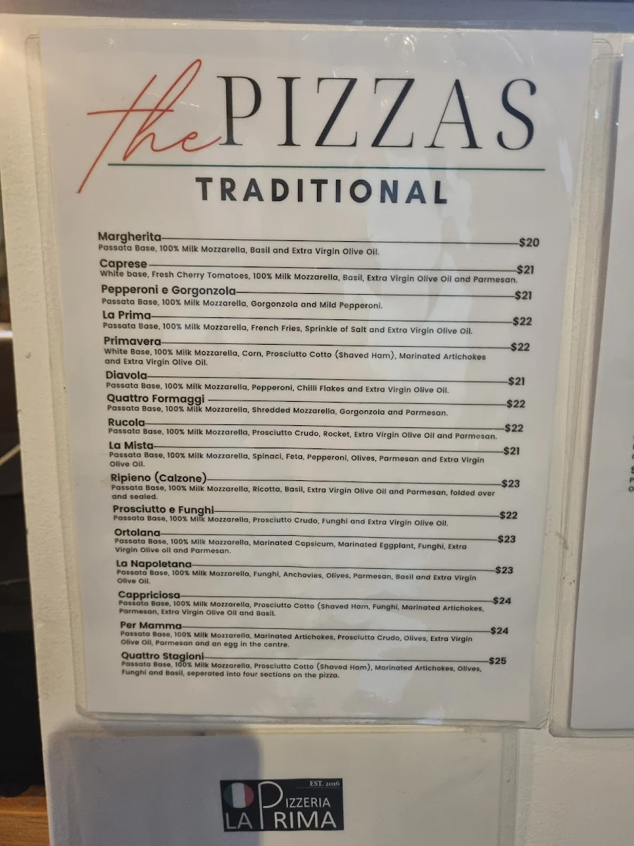 Menu, Pizzeria La Prima