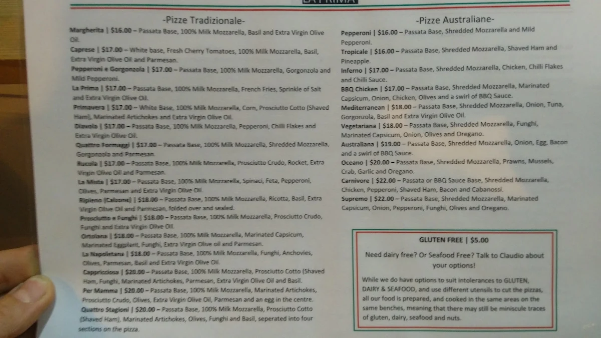 Menu, Pizzeria La Prima