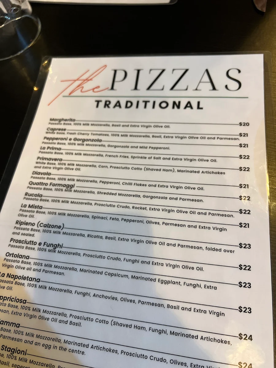 Menu, Pizzeria La Prima
