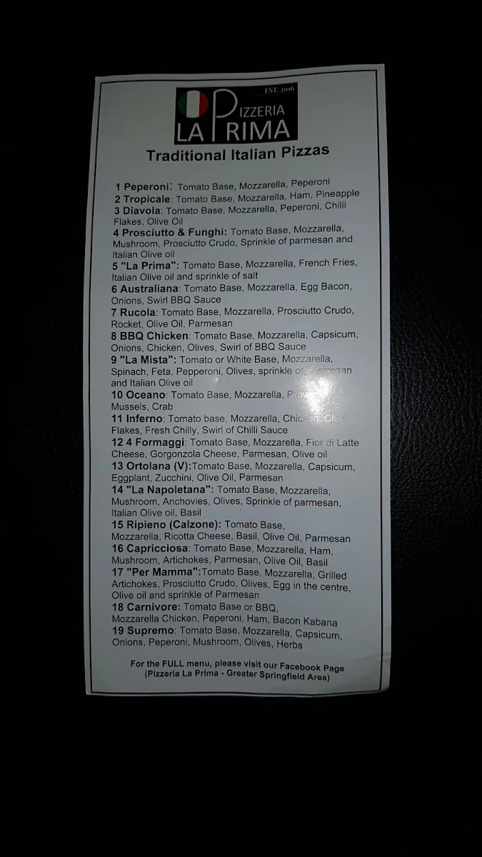 Menu, Pizzeria La Prima