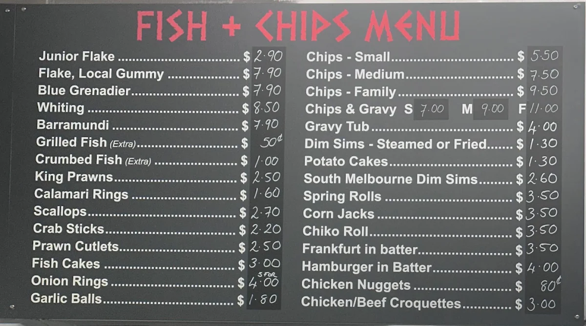 Menu, Zorba's Fish and Chips and Kebabs