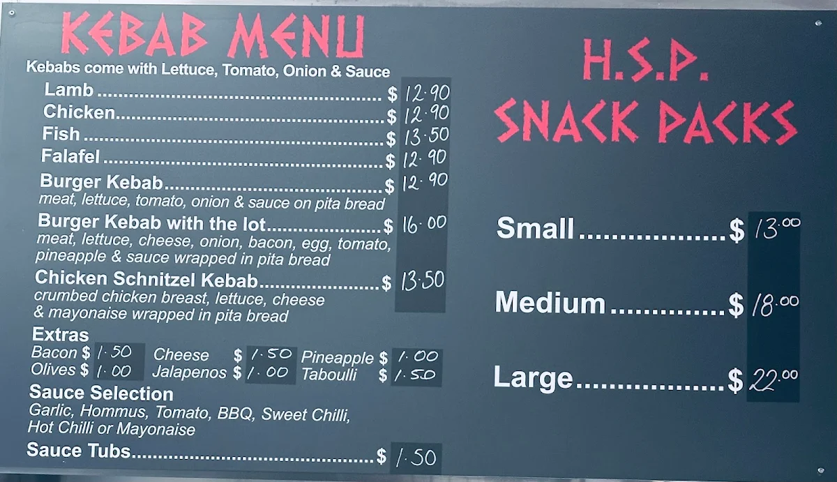 Menu, Zorba's Fish and Chips and Kebabs