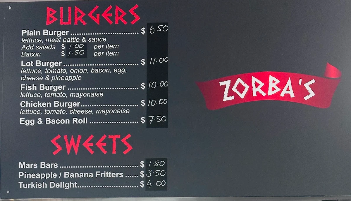 Menu, Zorba's Fish and Chips and Kebabs