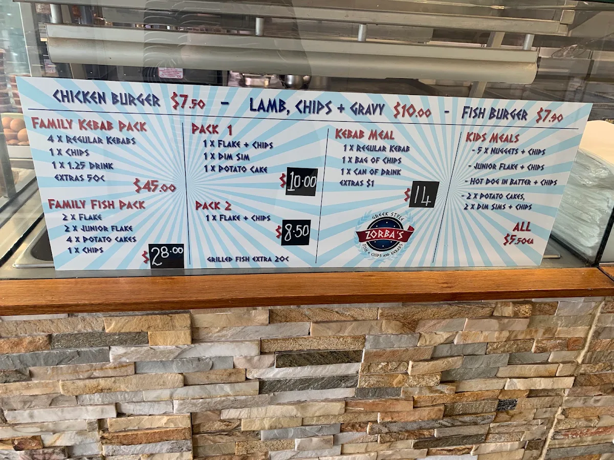 Menu, Zorba's Fish and Chips and Kebabs