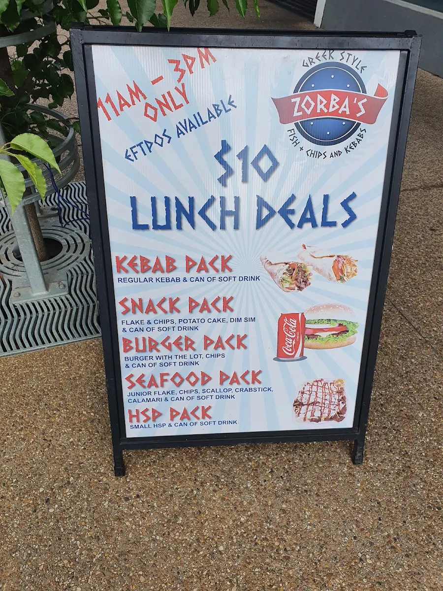 Menu, Zorba's Fish and Chips and Kebabs