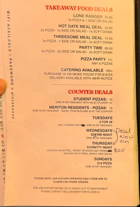 Menu, Crazy Tony’s Pizza