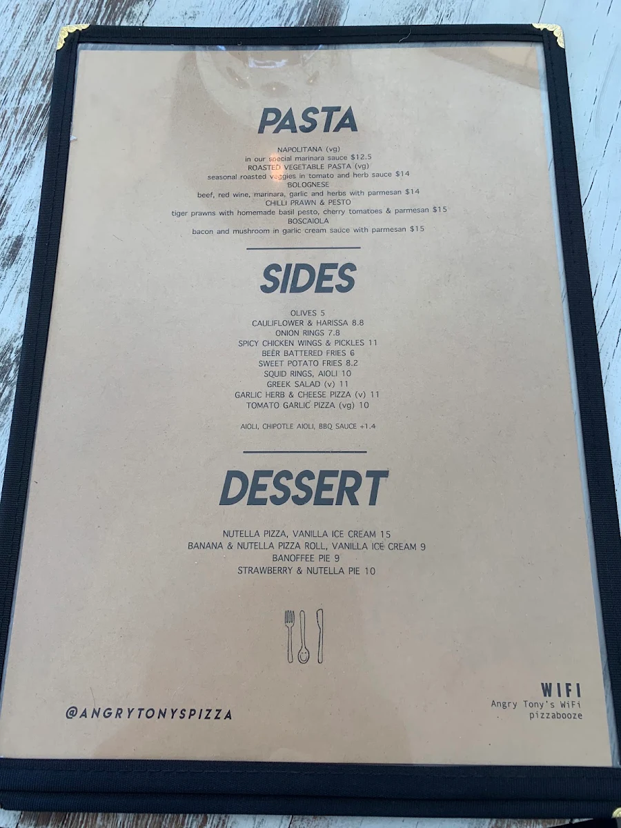 Menu, Crazy Tony’s Pizza