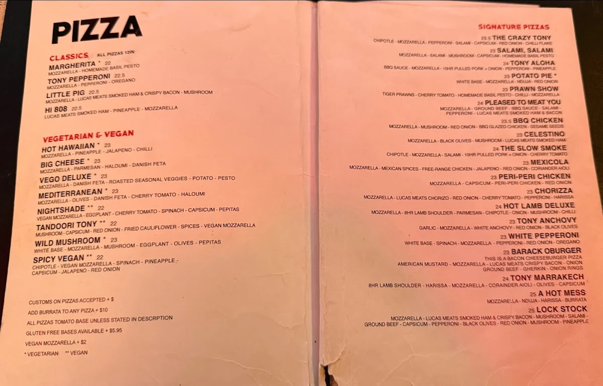 Menu, Crazy Tony’s Pizza