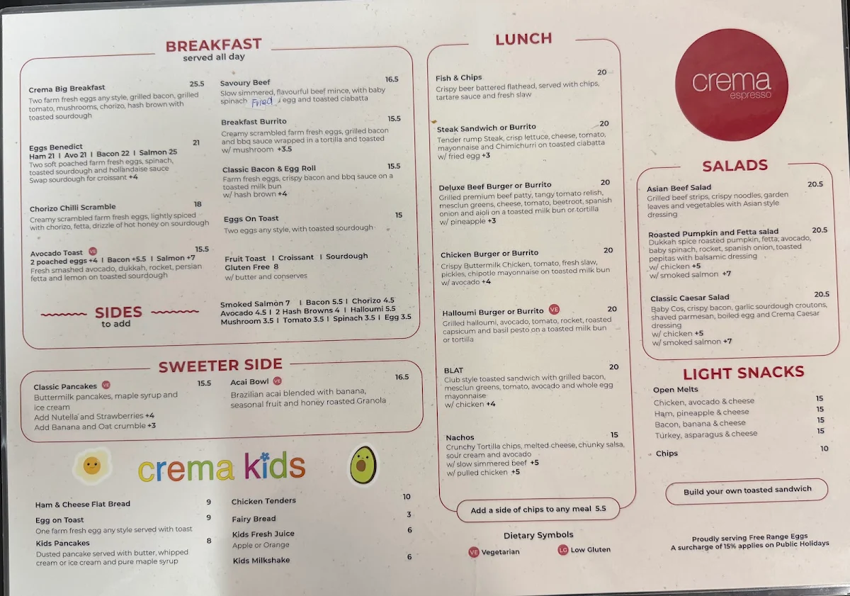 Menu, Crema Espresso