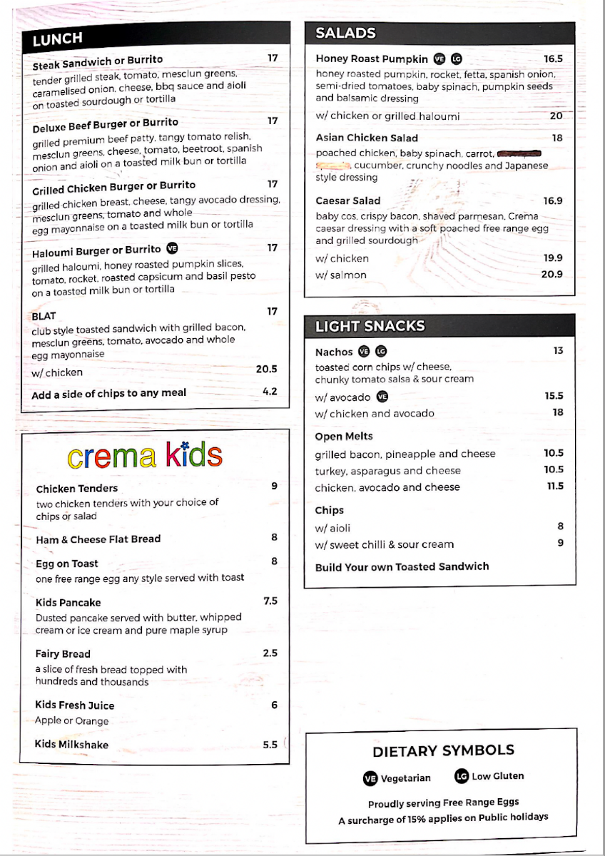 Menu, Crema Espresso