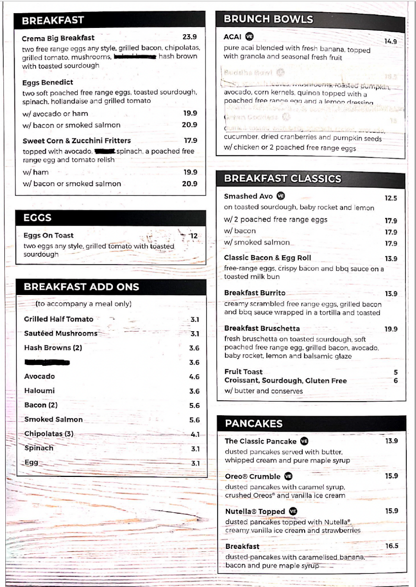 Menu, Crema Espresso