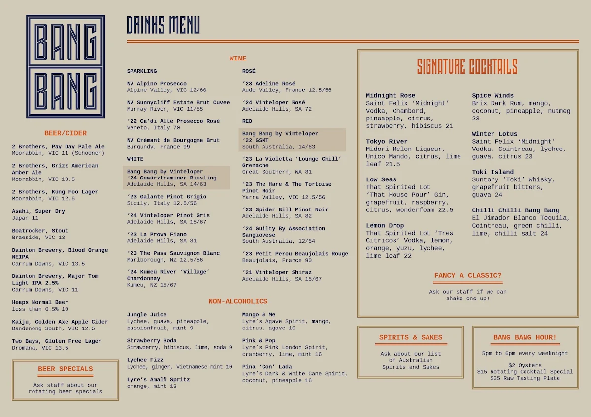 Menu, Bang Bang St Kilda