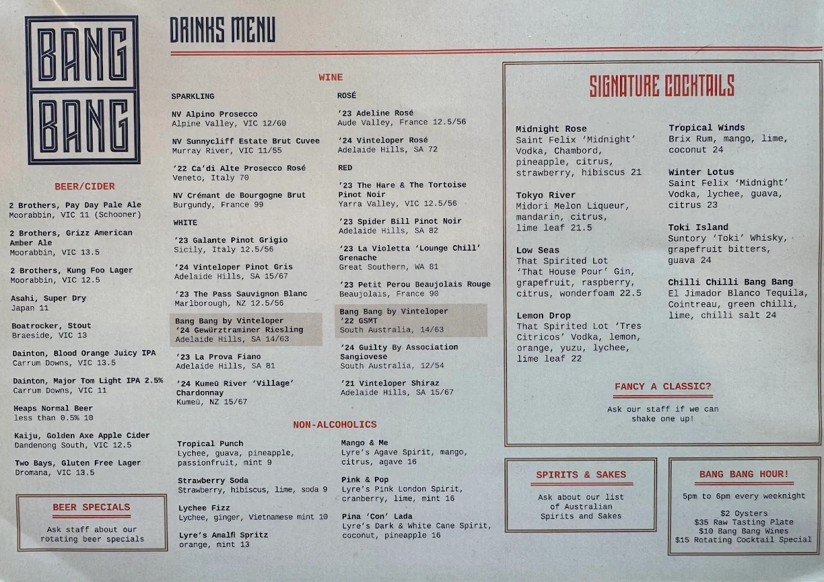 Menu, Bang Bang St Kilda