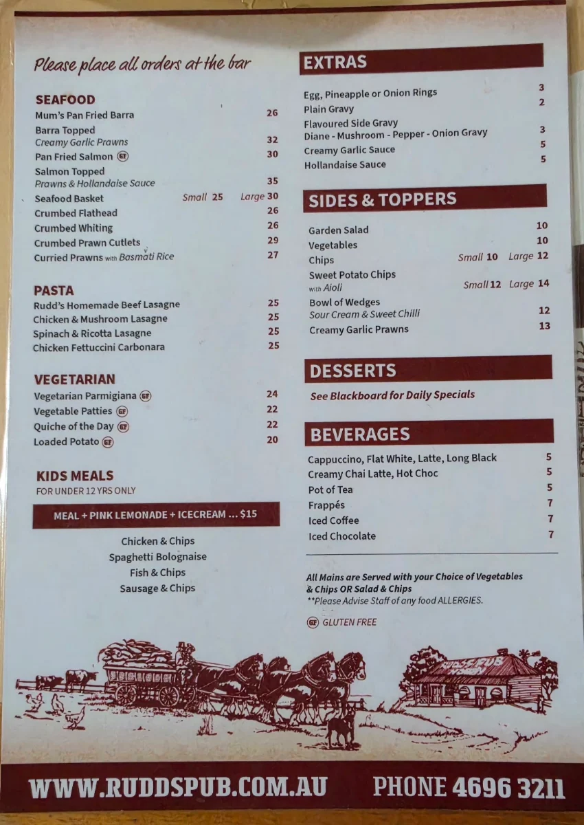 Menu, Rudd's Pub