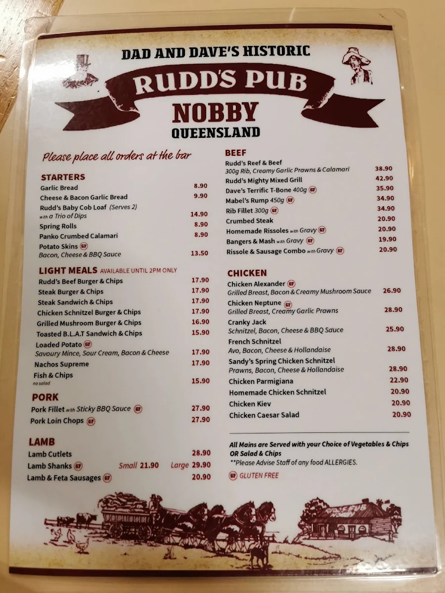 Menu, Rudd's Pub