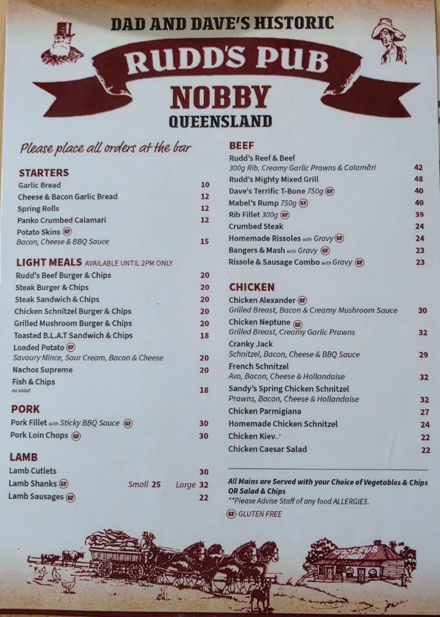 Menu, Rudd's Pub