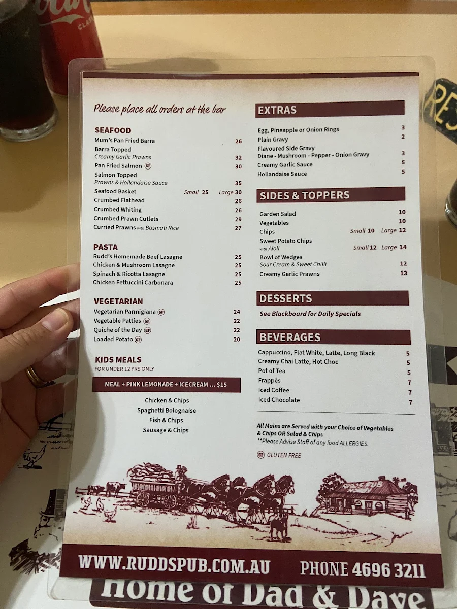 Menu, Rudd's Pub