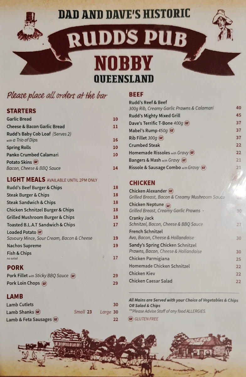 Menu, Rudd's Pub