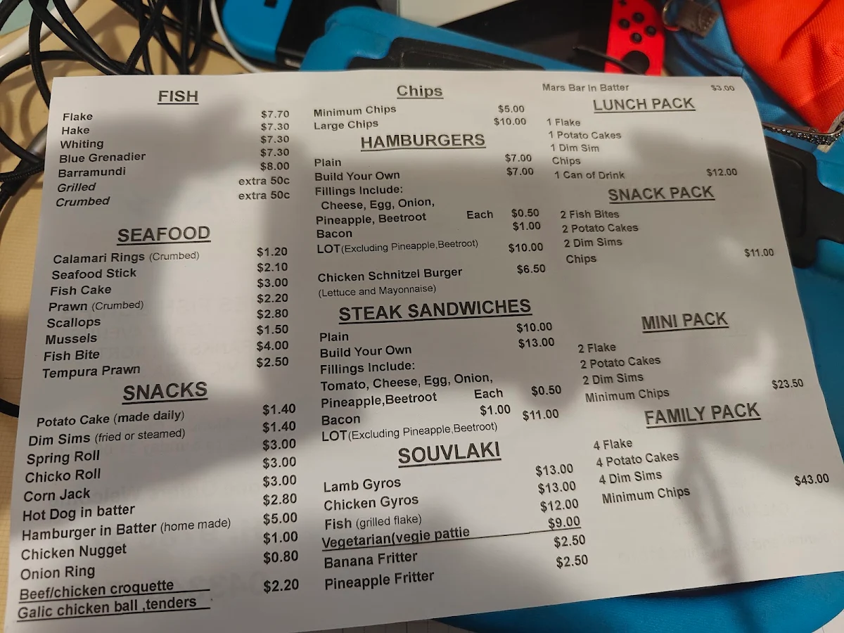 Menu, Mahogany Takeway Fish & Chip Shop