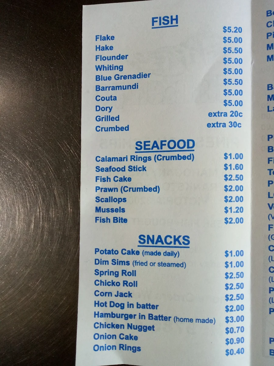 Menu, Mahogany Takeway Fish & Chip Shop