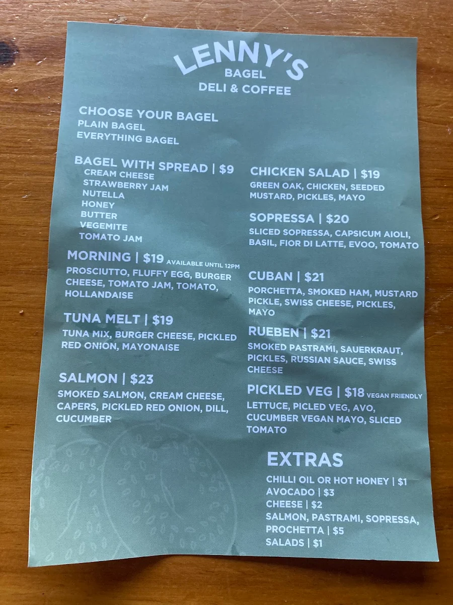 Menu, Lenny's Bagel Deli & Coffee