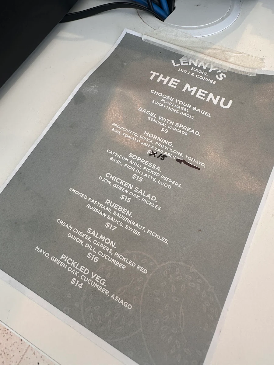 Menu, Lenny's Bagel Deli & Coffee