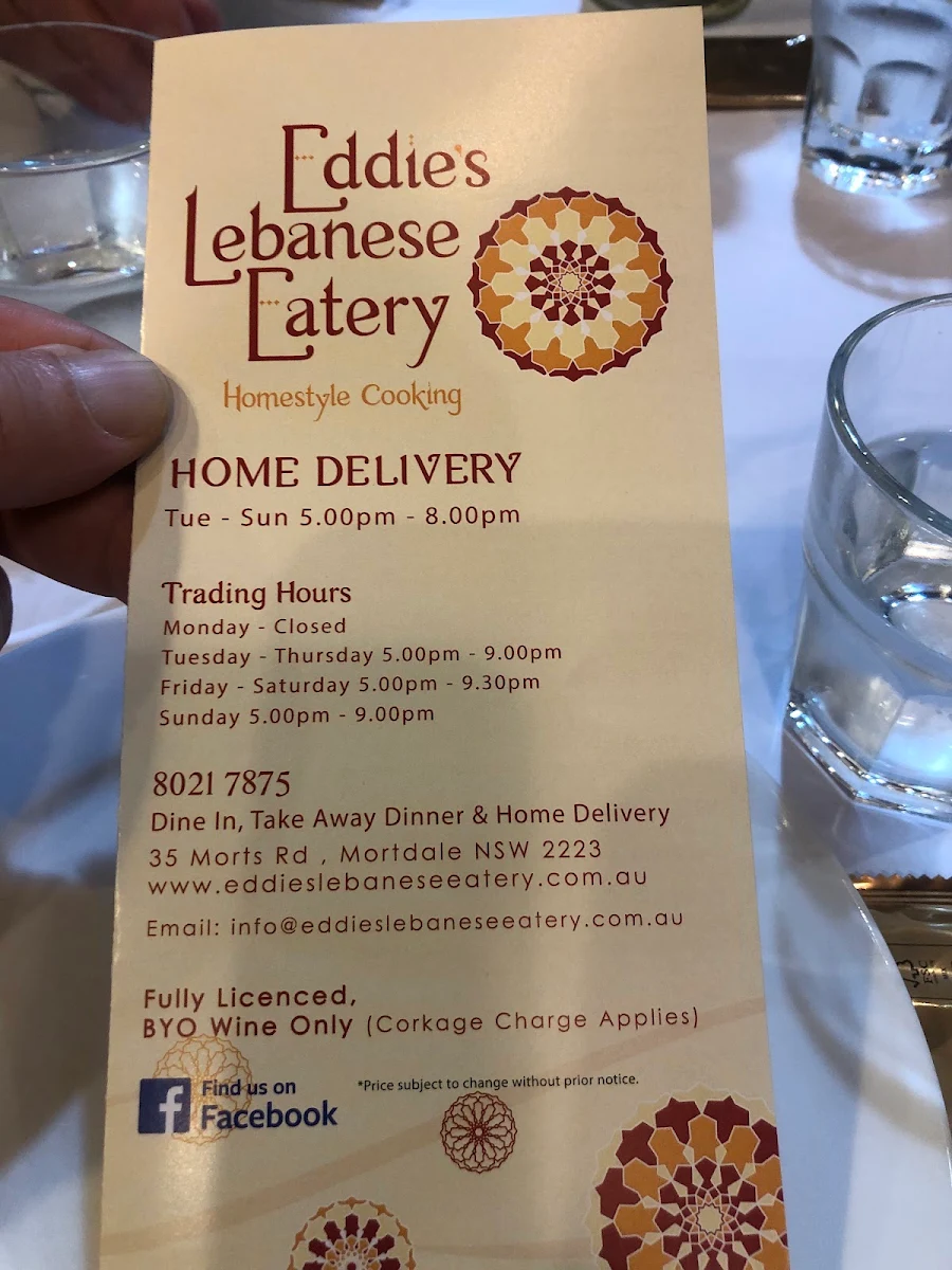 Menu, Eddie's Lebanese Eatery
