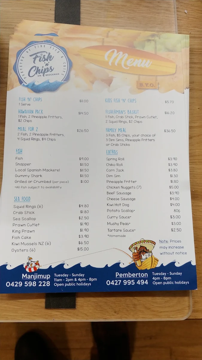 Menu, Brockman Fish 'n' Chips at Pemberton