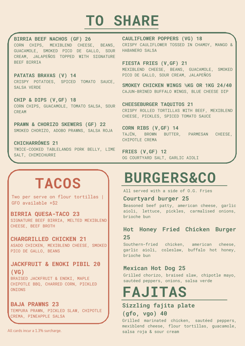 Menu, The Courtyard Cairns | Esplanade