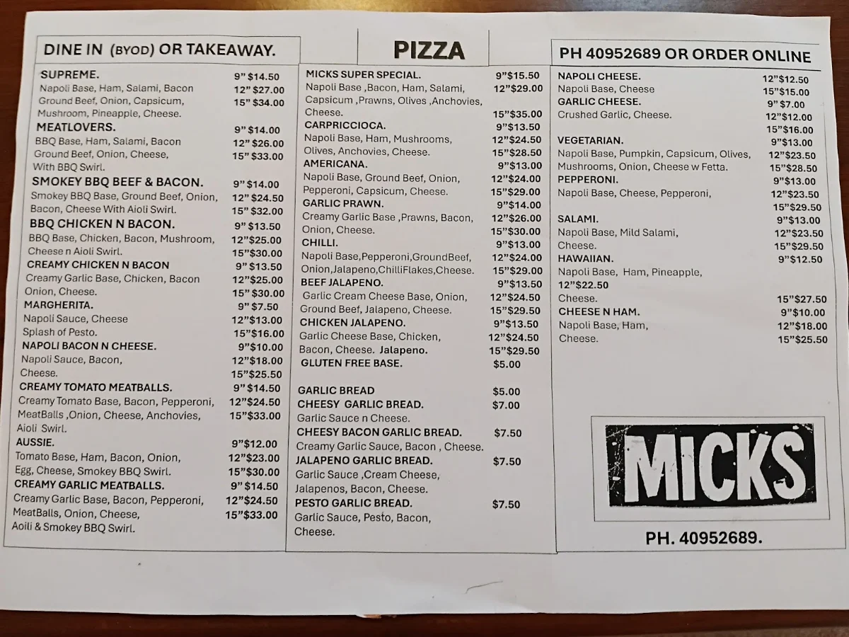 Menu, Micks Pizza Pasta & Ribs