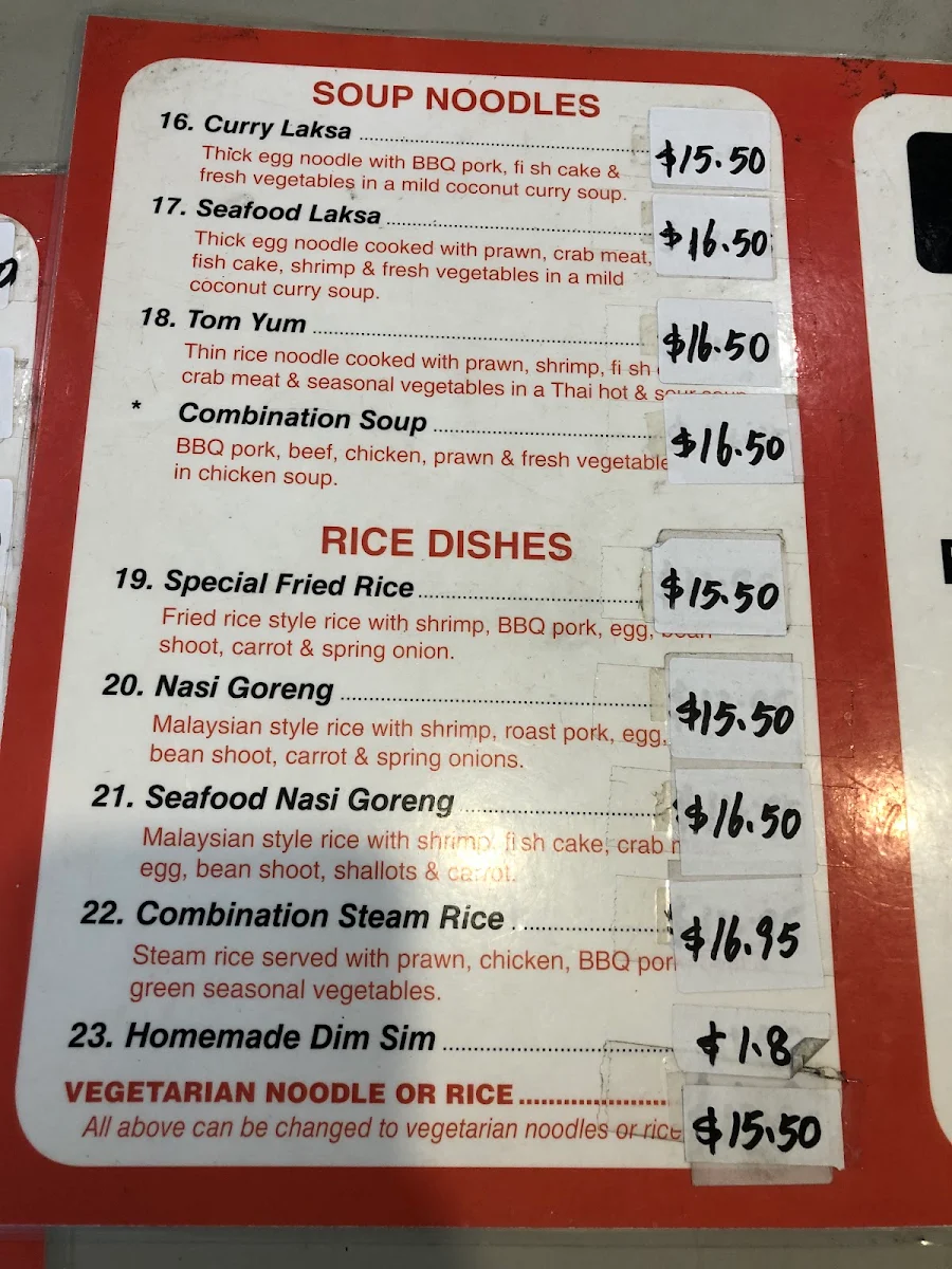 Menu, Bayswater Noodle Bar