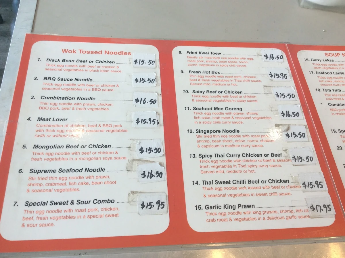 Menu, Bayswater Noodle Bar