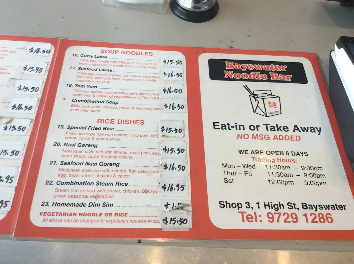 Menu, Bayswater Noodle Bar
