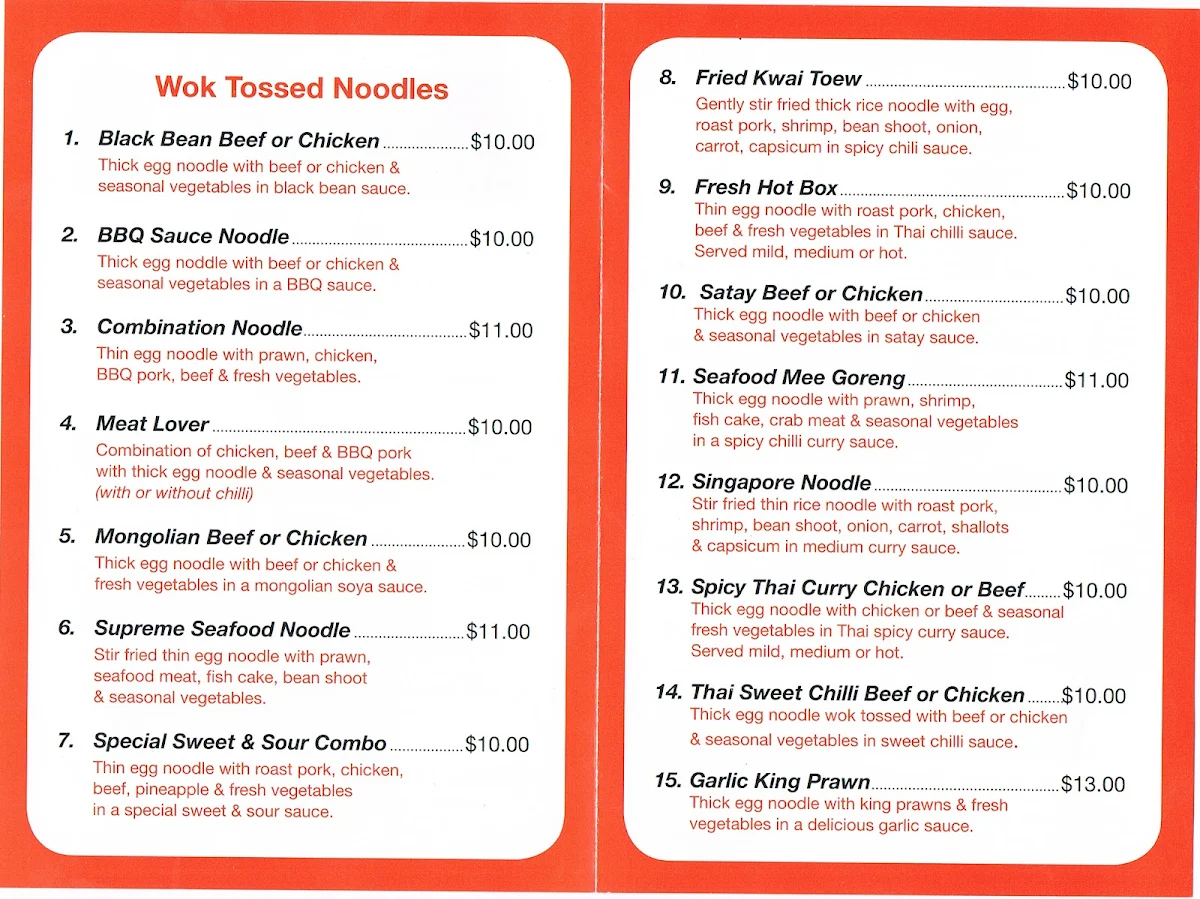 Menu, Bayswater Noodle Bar