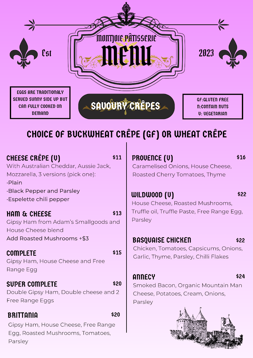 Menu, Montjoie Patisserie