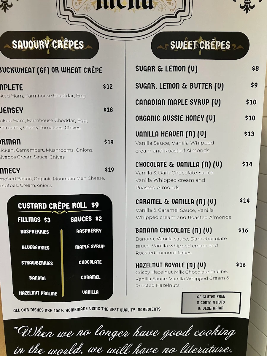 Menu, Montjoie Patisserie