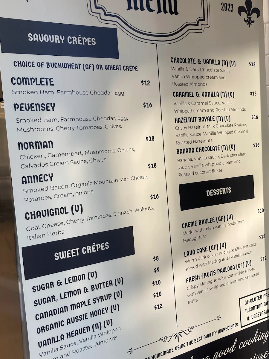 Menu, Montjoie Patisserie