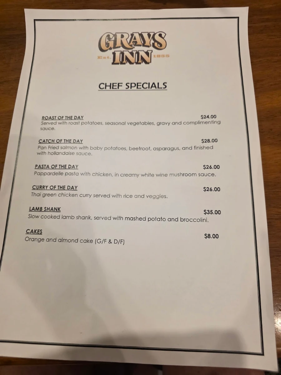 Menu, Gray's Inn