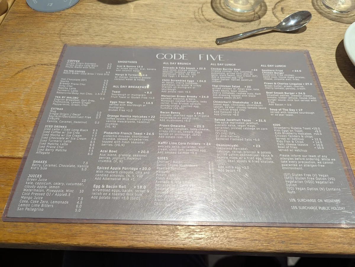 Menu, Code Five