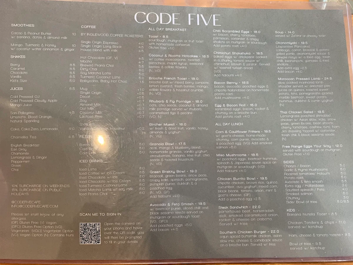 Menu, Code Five