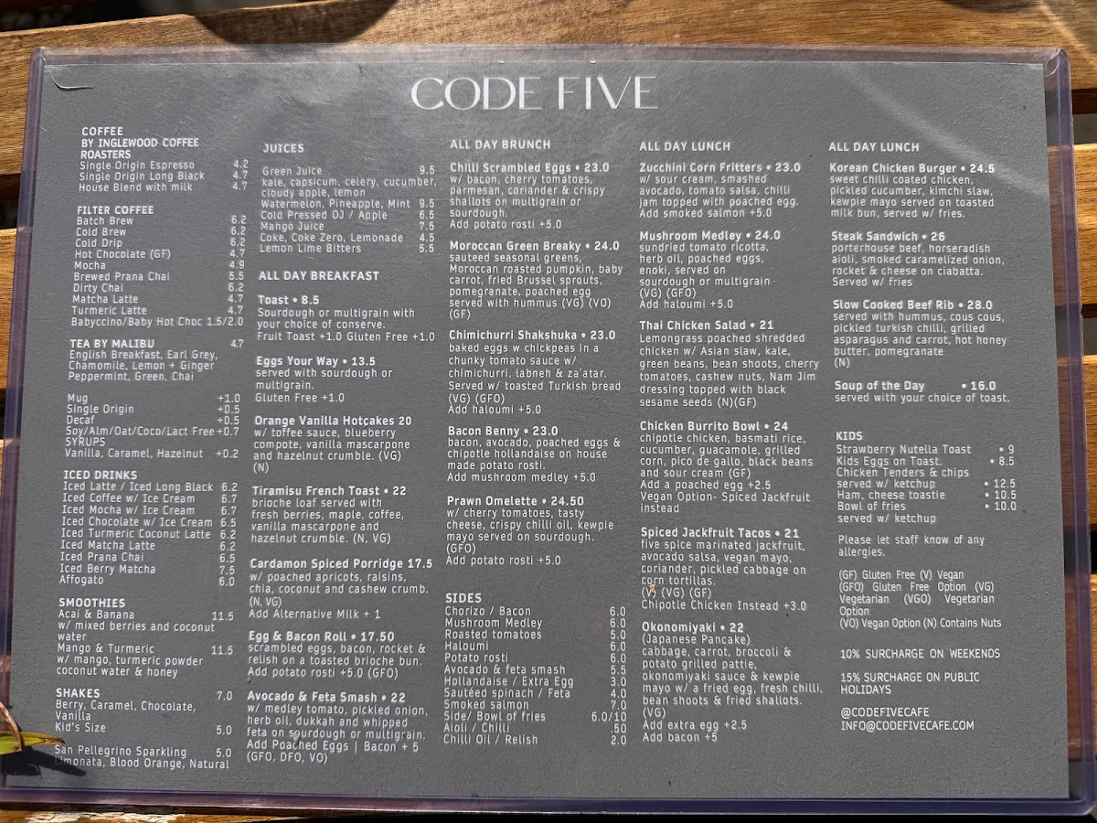 Menu, Code Five