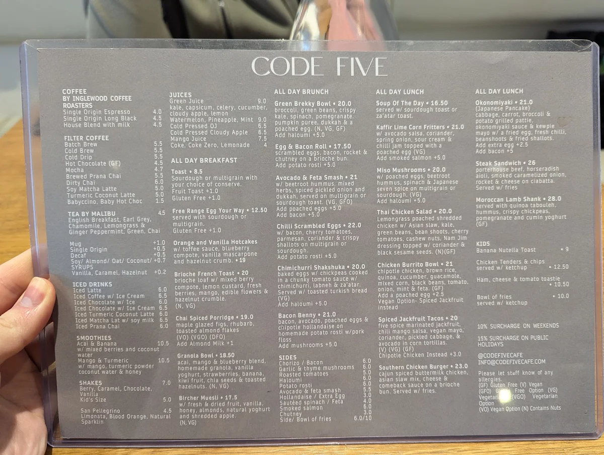 Menu, Code Five